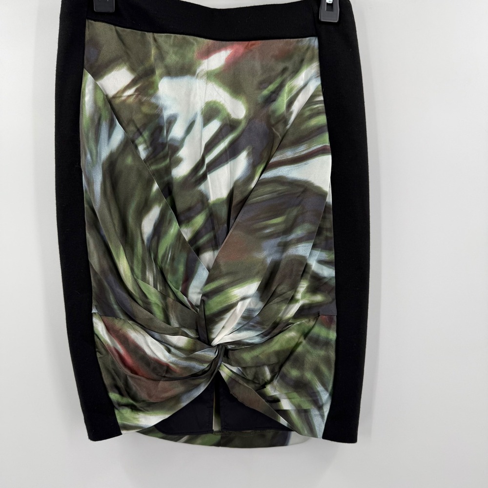 Karen‎ Millen Pencil Silk Skirt Abstract Print Twist Front Black Trim New Size 6